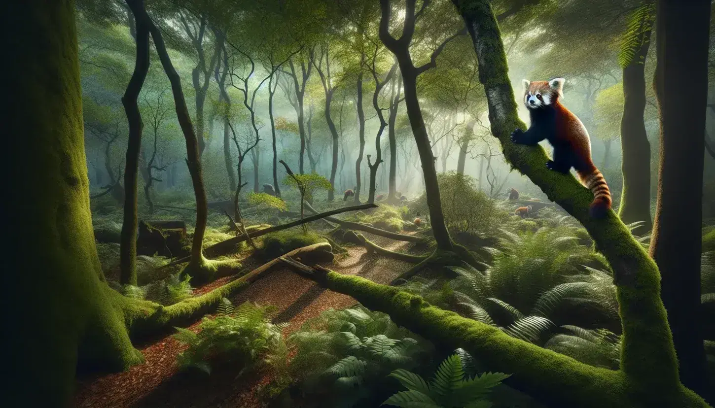 Panda rojo trepando una rama en un bosque frondoso, con luz solar filtrándose entre un dosel de hojas verdes de distintos tonos.