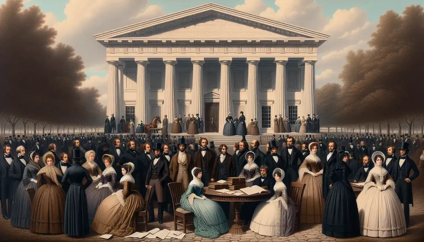 Escena histórica al aire libre con personas en vestimenta del siglo XIX frente a edificio neoclásico, bajo un cielo azul con nubes dispersas y árbol frondoso.