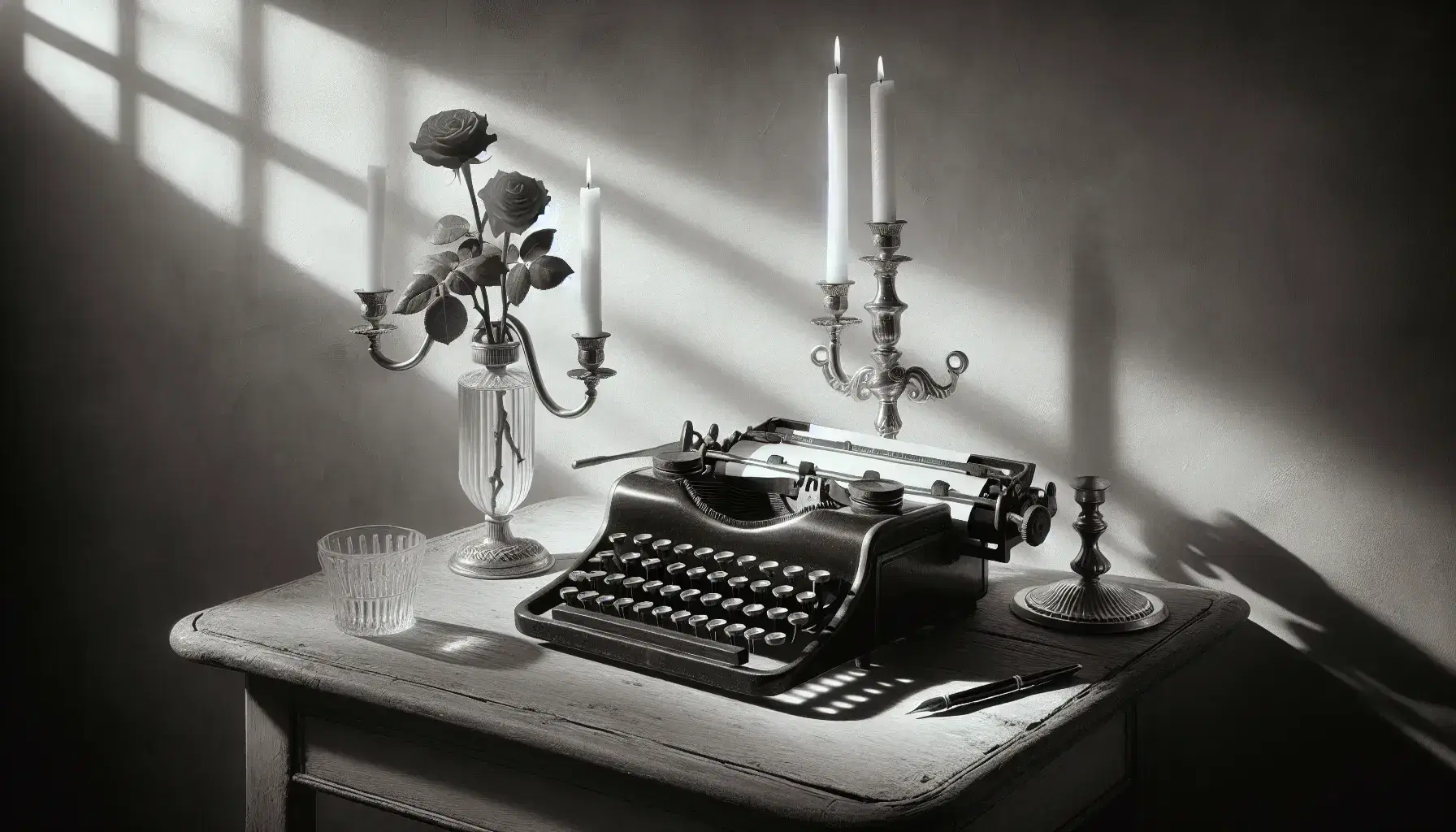 Fotografía en blanco y negro de una máquina de escribir vintage sobre mesa de madera, con candelabro y vela encendida al lado y una rosa roja en jarrón de cristal.