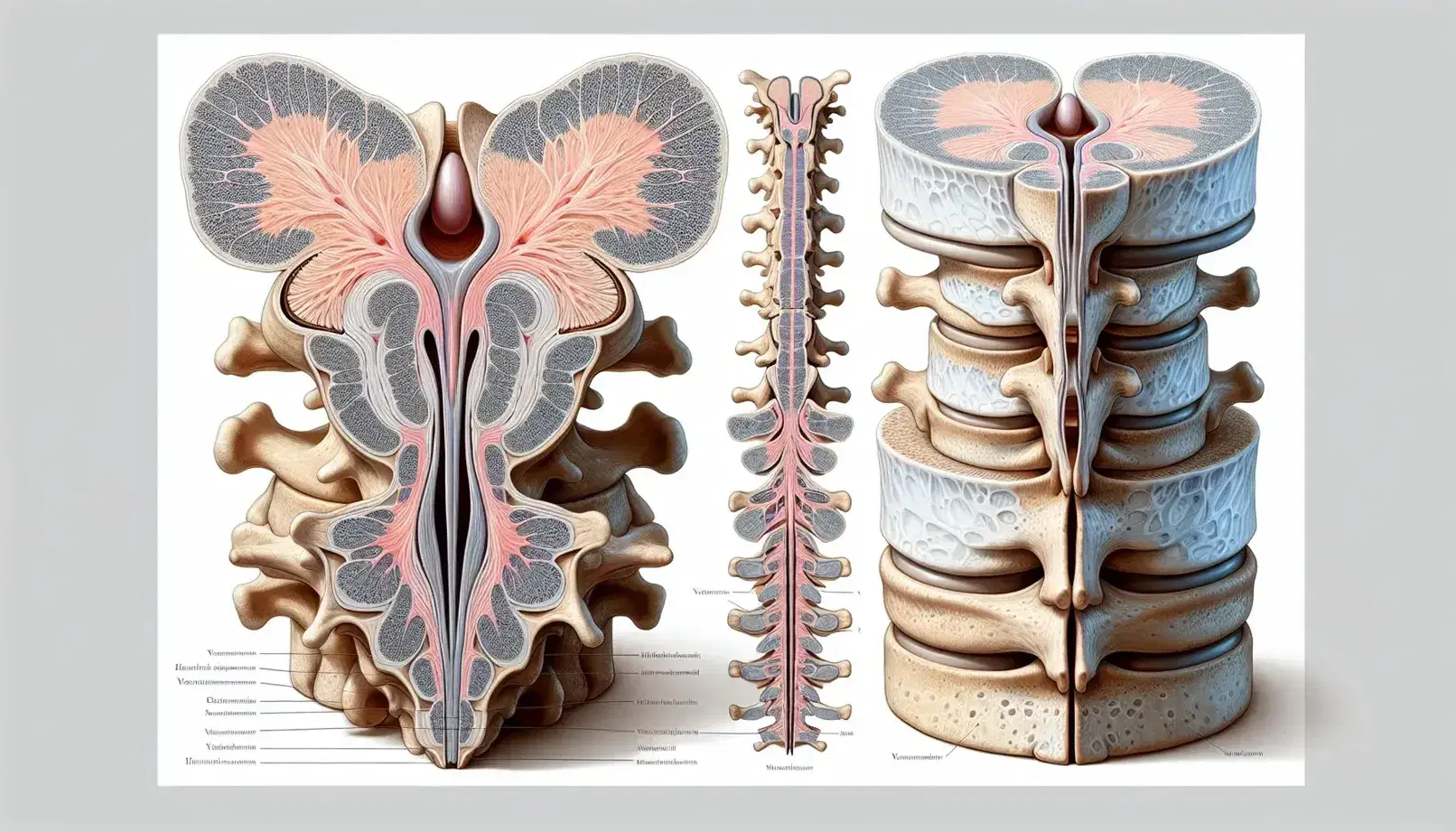 Rappresentazione anatomica dettagliata del midollo spinale umano in sezione trasversale e longitudinale con nervi spinali e vertebre.
