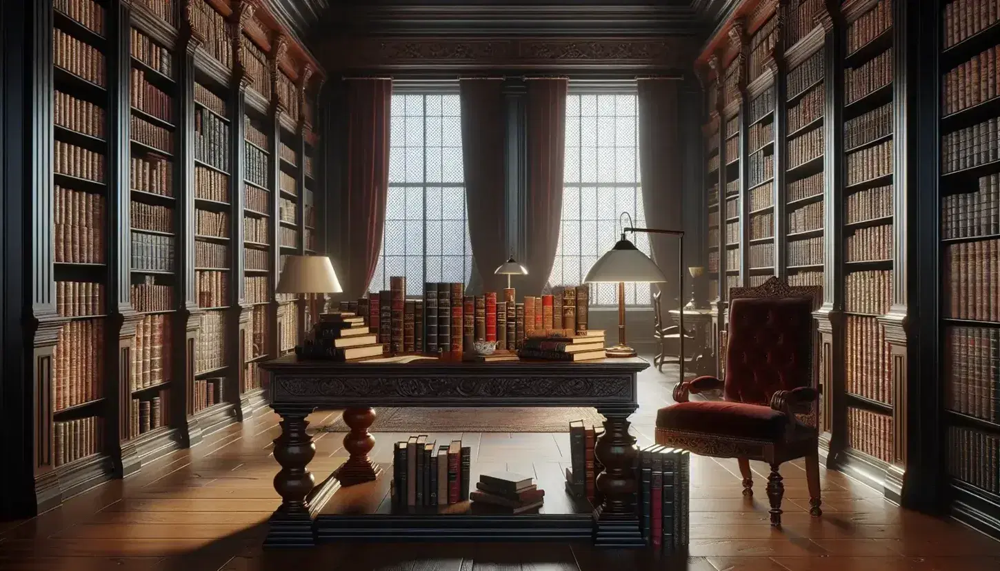 Biblioteca clásica con estanterías de madera oscura llenas de libros, mesa central con libros apilados, lámpara de pie y silla con cojín rojo.