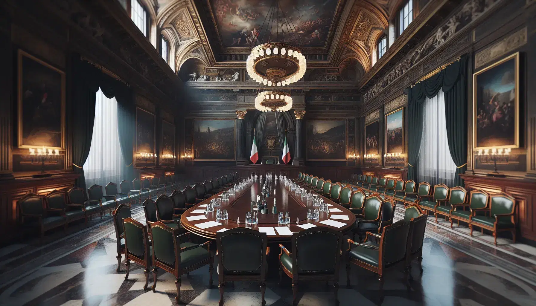 Sala storica italiana con tavolo ovale, sedie in pelle verde, lampadari, affreschi sul soffitto e bandiera italiana.