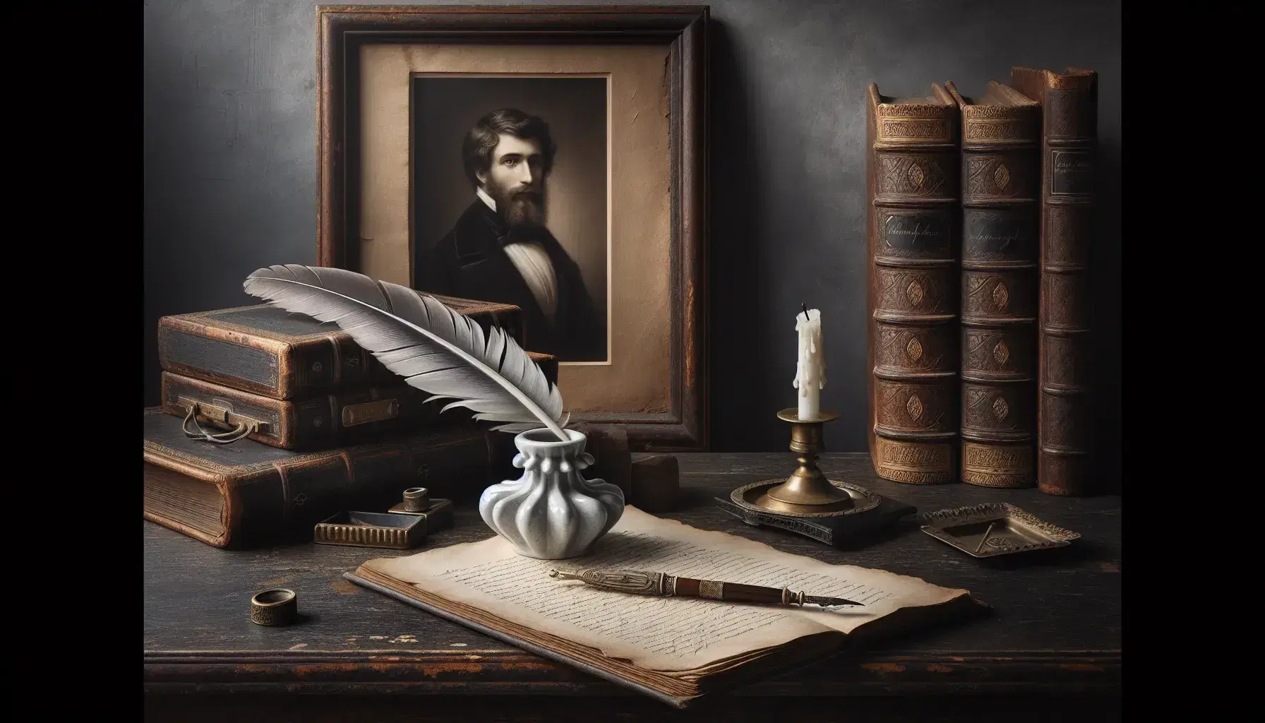 Scrivania antica in legno scuro con calamaio ceramico vintage, penna a piuma, libro in pelle marrone aperto, candela consumata e ritratto in bianco e nero.