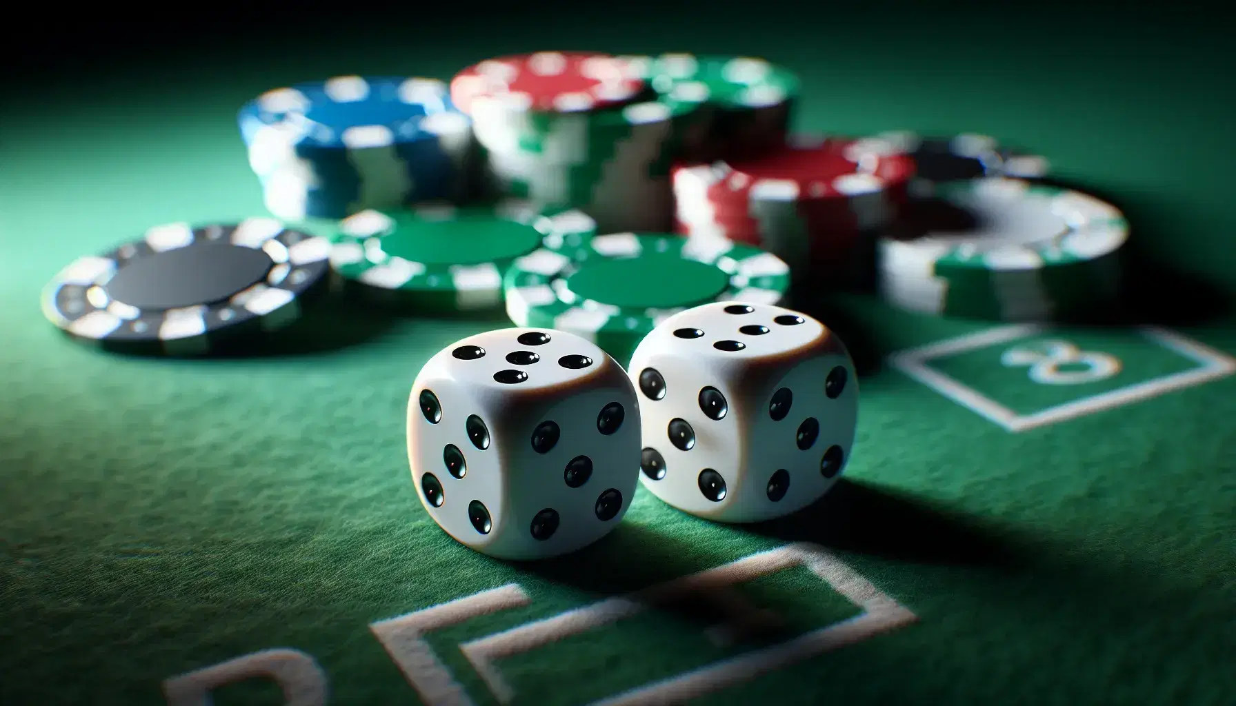 Close-up view of white dice showing five and three on green felt with out-of-focus colorful poker chips in the background.