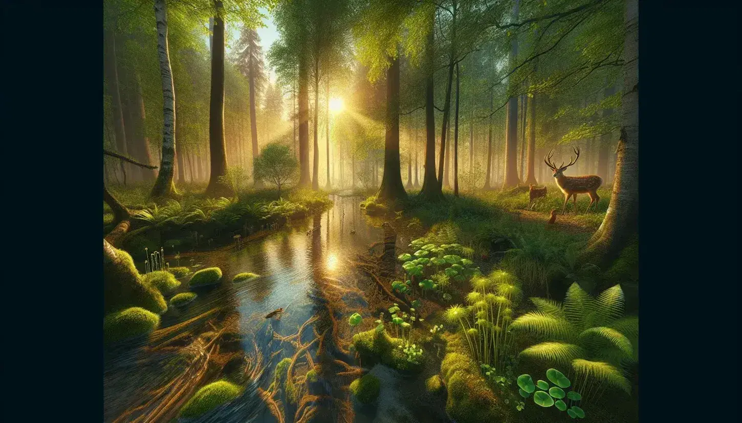 Sunrise illuminates a vibrant forest ecosystem with a stream, diverse trees, dew-covered plants, a drinking deer, a perched squirrel, and flitting birds.