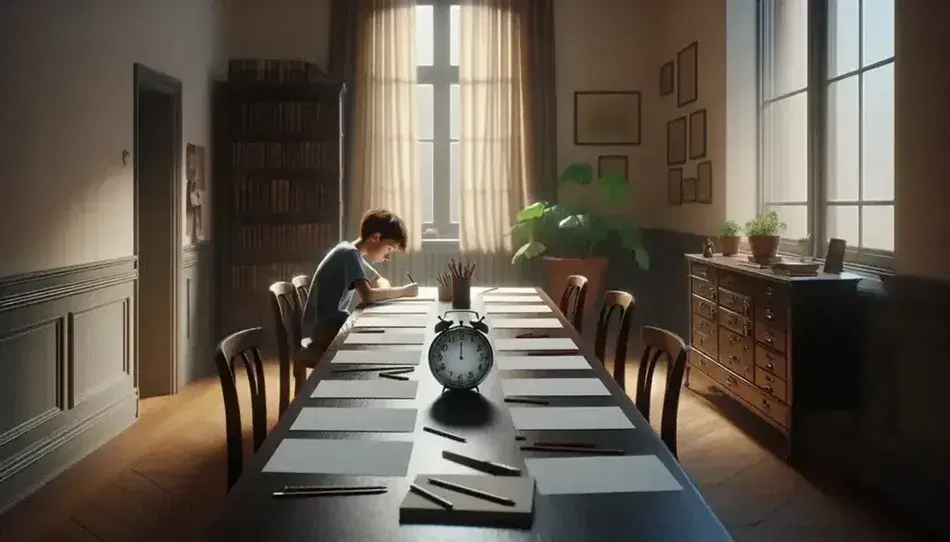 Ragazzo concentrato scrive su fogli su un tavolo in legno in una stanza illuminata naturalmente, con libreria sullo sfondo e pianta verde in primo piano.