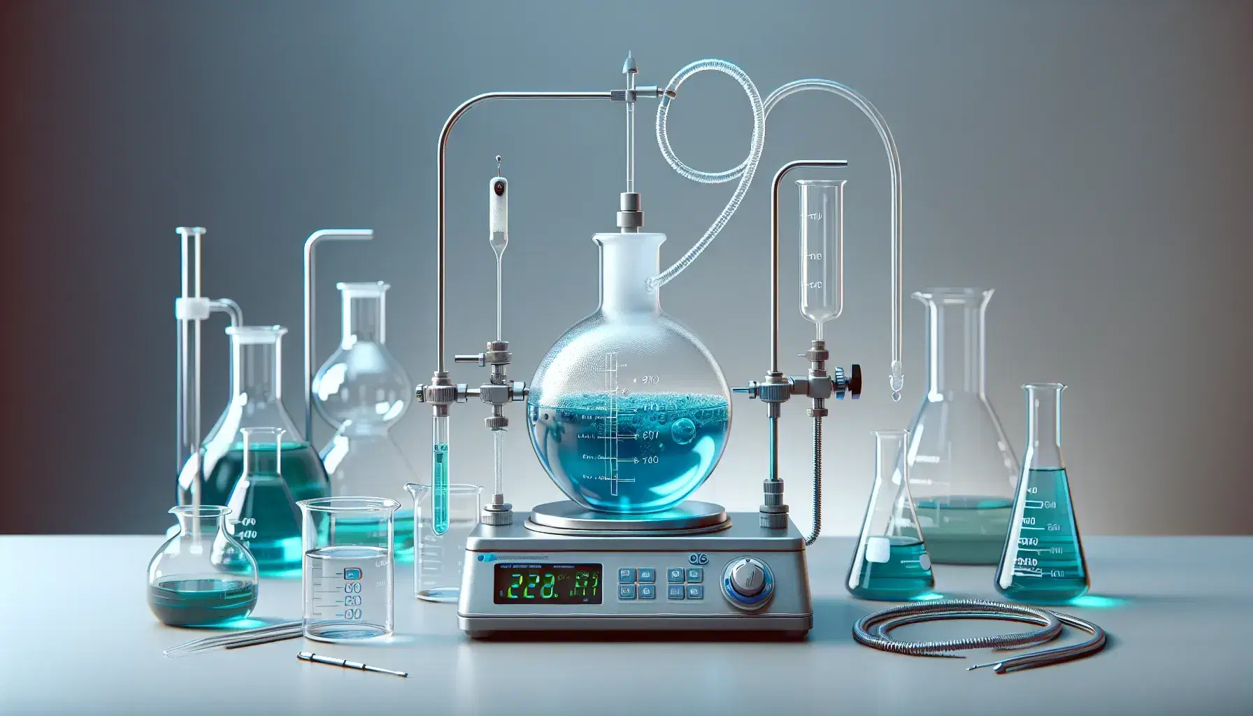 Scientific laboratory with glass material: flask with blue liquid, Liebig condenser, digital thermometer, magnetic stirrer and flasks with solutions.
