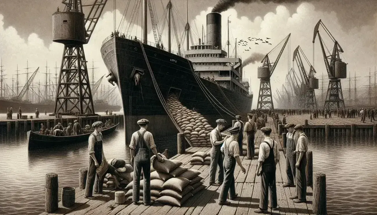 1930s American port with dock workers unloading sacks from a steel-hulled cargo ship, cranes in the background, under a muted blue sky.