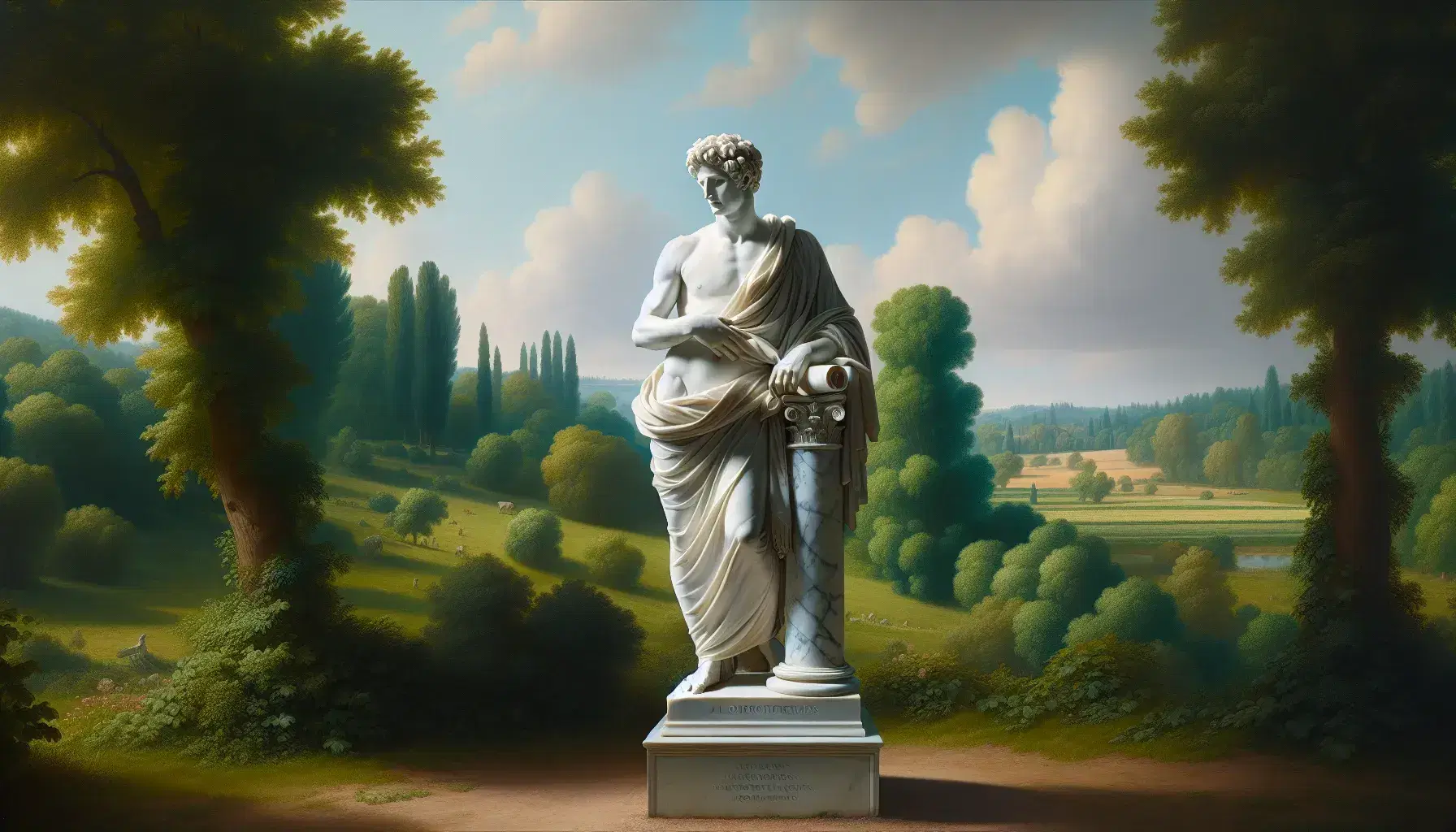 Statua in marmo bianco di poeta romano pensieroso con toga, scroll in mano, su sfondo di paesaggio bucolico con alberi e cielo azzurro.