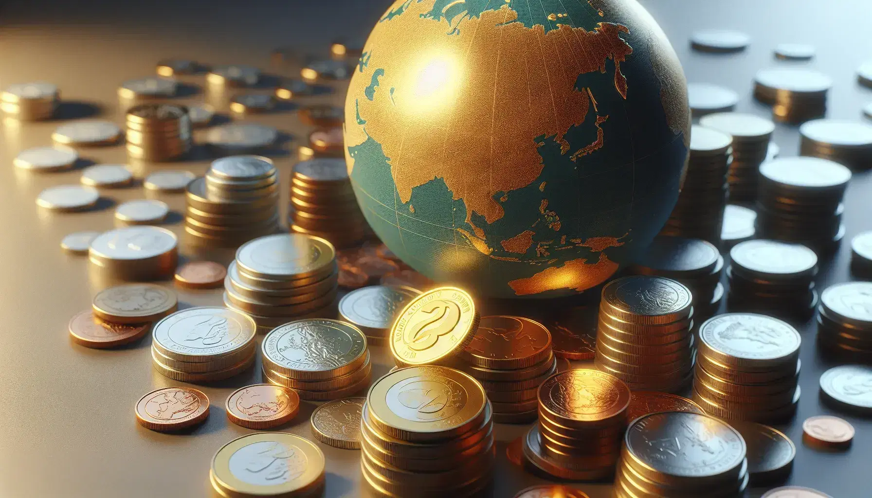 Colección de monedas de distintos tamaños y colores sobre superficie lisa con una moneda dorada central destacada y un globo desenfocado al fondo, simbolizando la economía global.
