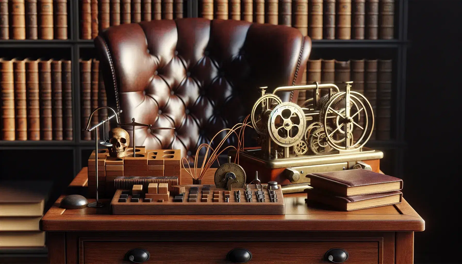 Early 1900s psychologist office with wooden desk, test instruments, leather chair, bookcase, skull on table and window with curtains.