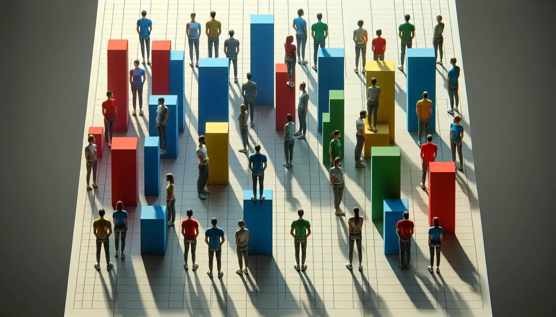 Grupo de personas formando gráfico de barras tridimensional con camisetas de colores sólidos sobre fondo de estructura lineal.