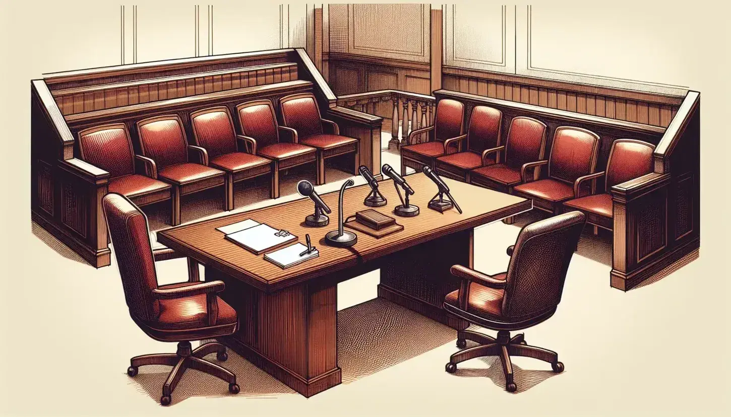 Empty courtroom with judge's bench, witness stand, lawyers desk, jury box and spectator benches.
