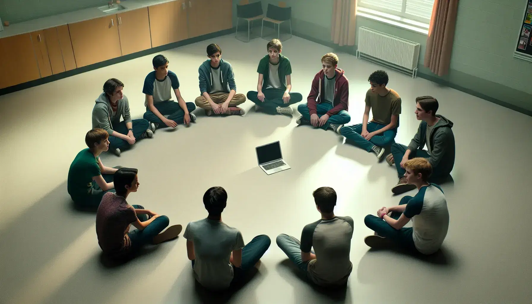 Gruppo di adolescenti concentrati in cerchio con laptop acceso in aula scolastica, riflettendo in ambiente illuminato naturalmente.