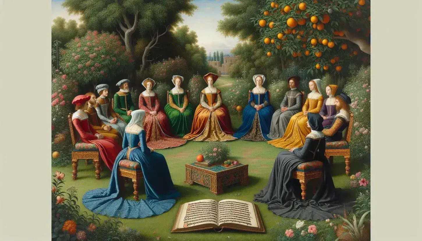 Riunione multiculturale in giardino medievale con persone in abiti d'epoca, libro aperto sull'erba, architettura storica sullo sfondo.