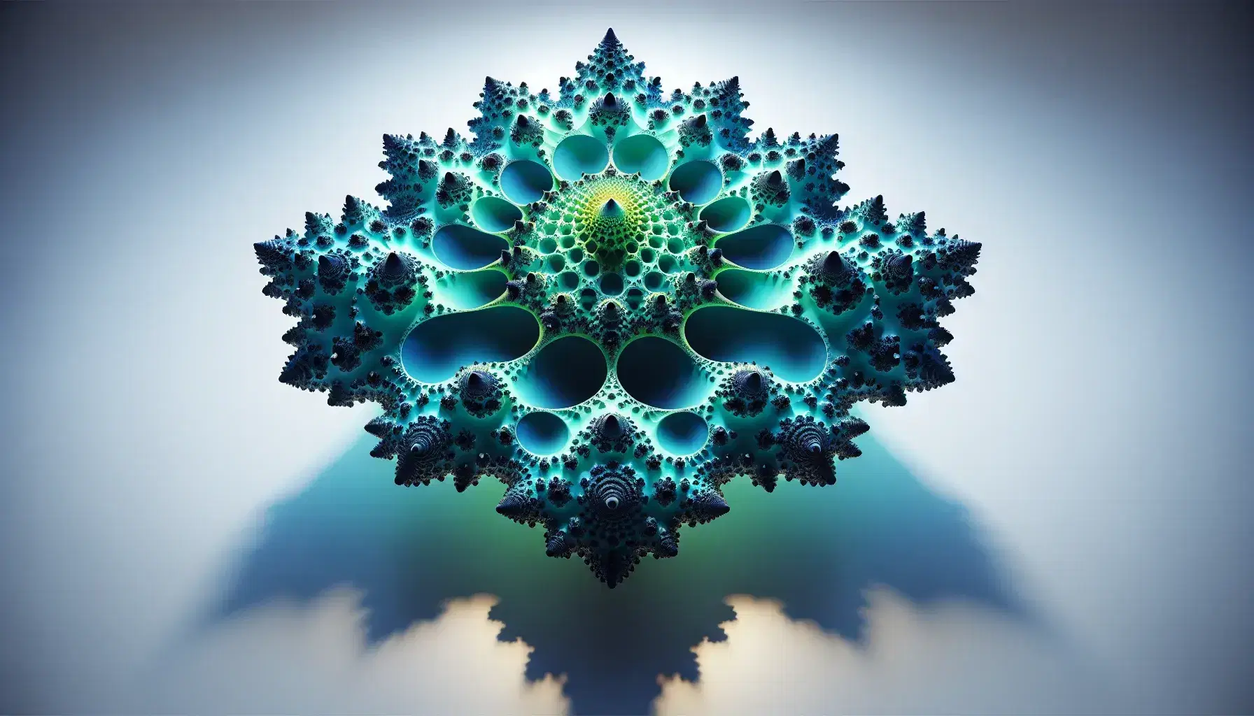 Three-dimensional Mandelbrot set fractal with a color gradient from navy blue to vibrant turquoise, showcasing intricate self-similar patterns.