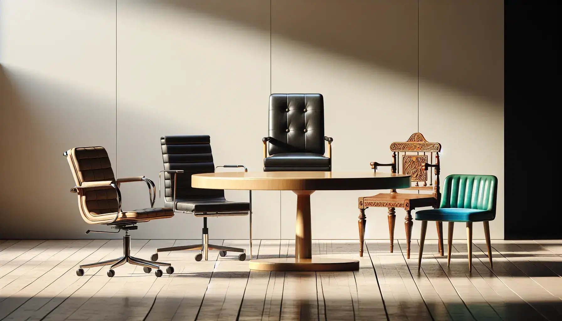 Round wooden table surrounded by five unique chairs including a black leather office chair, steel stool, carved wooden chair with red velvet, blue plastic chair, and green upholstered antique armchair.
