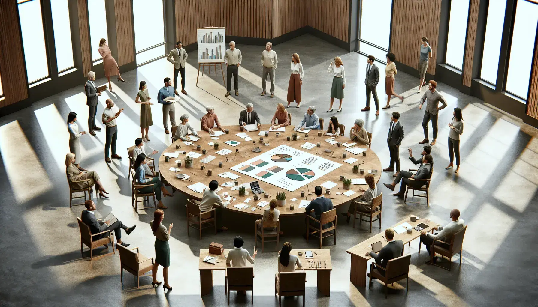 Grupo diverso de adultos en reunión de trabajo alrededor de una mesa ovalada con papeles y gráficos, en un ambiente colaborativo y bien iluminado.