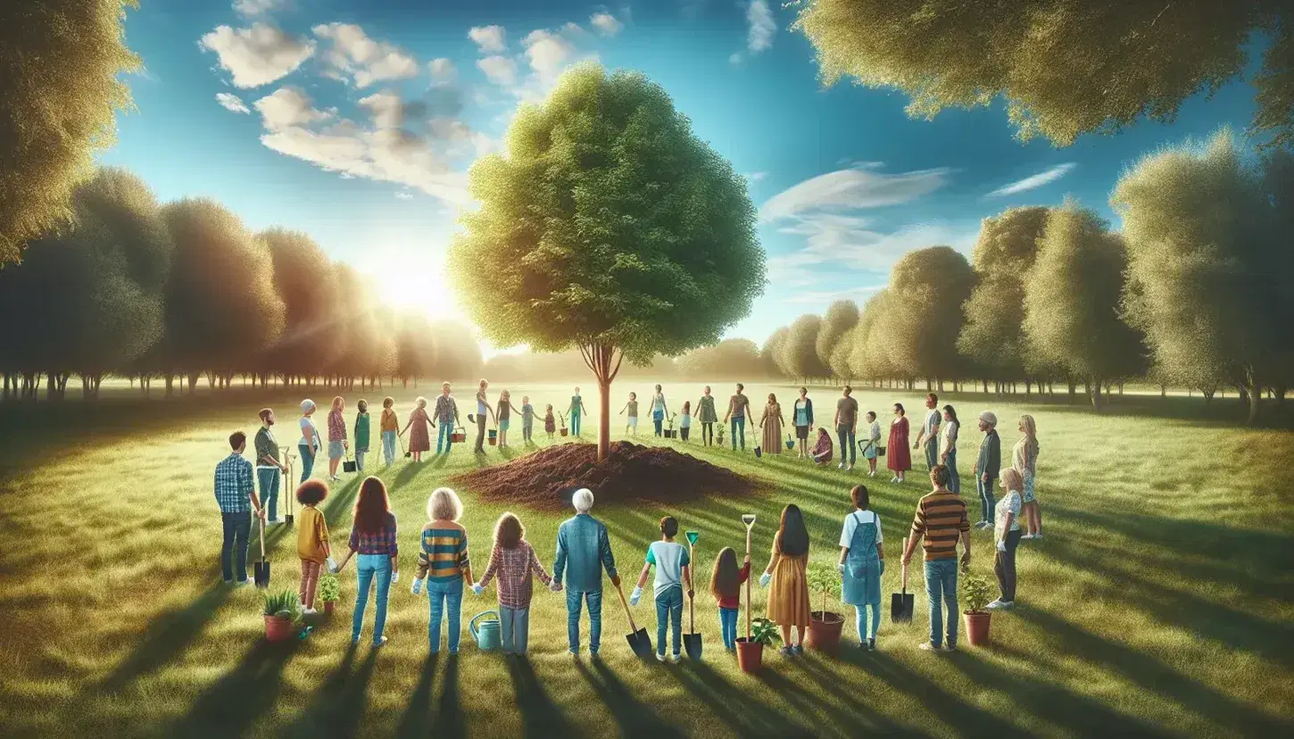 Grupo diverso plantando un árbol joven en un campo verde, con árboles maduros y cielo azul al fondo, bajo la luz del sol.