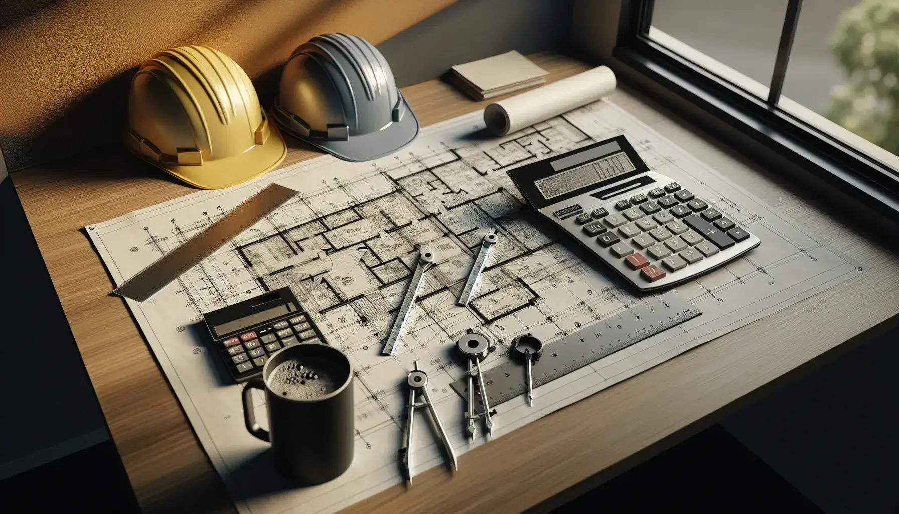 Mesa de trabajo en oficina de construcción con planos arquitectónicos, cascos de seguridad, regla T, compás metálico, calculadora científica y taza de café.