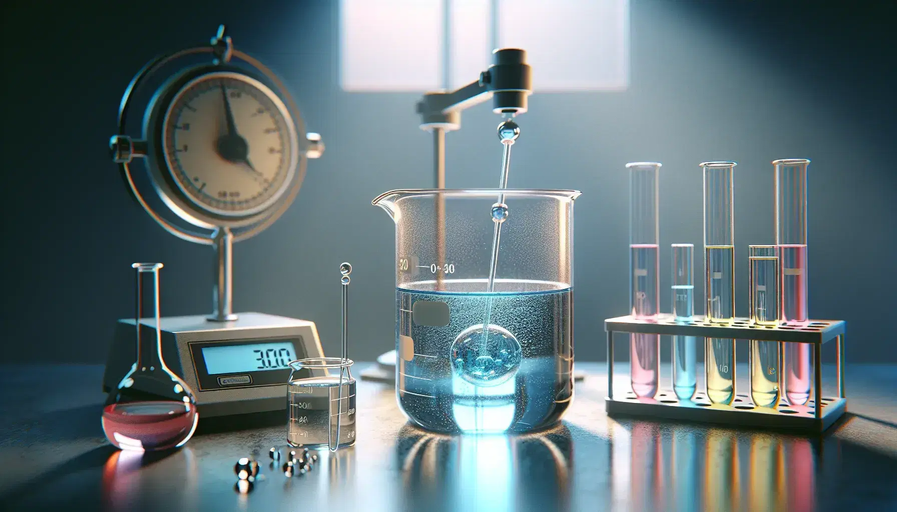 Science laboratory with beaker and blue solution, glass rod, colored test tubes on wooden rack and blurry digital analytical balance.