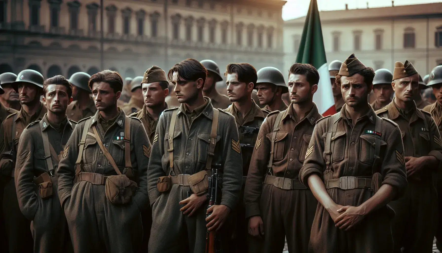 Gruppo di soldati italiani in divisa d'epoca post-bellica, con espressioni serie, in una strada storica con sfondo di edifici sfocati e bandiera tricolore parzialmente visibile.