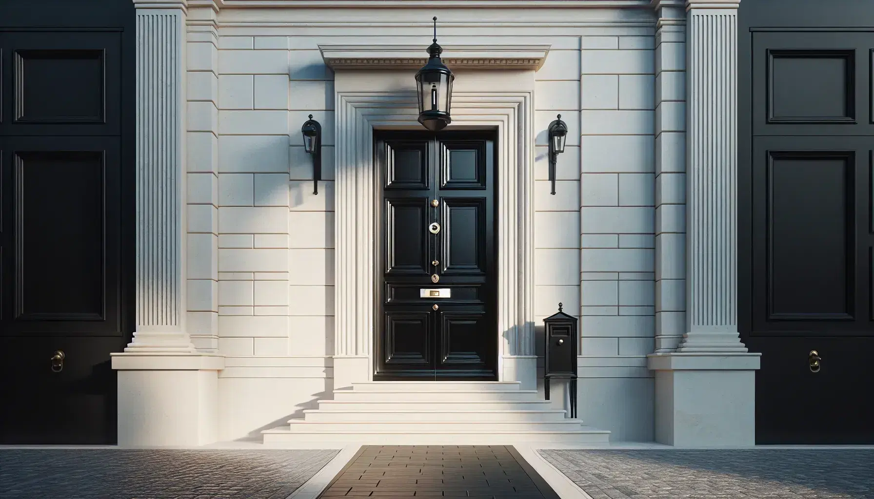 Elegant black door with brass doorknob and letterbox, flanked by Doric columns on a white stone facade, under a lantern-style light.