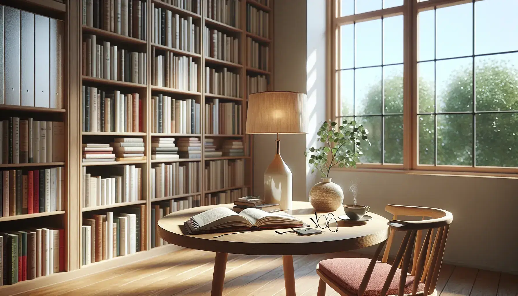 Biblioteca acogedora con estanterías de madera llenas de libros, mesa con libro abierto, gafas y lámpara encendida, taza de bebida caliente y silla con cojín rojo.