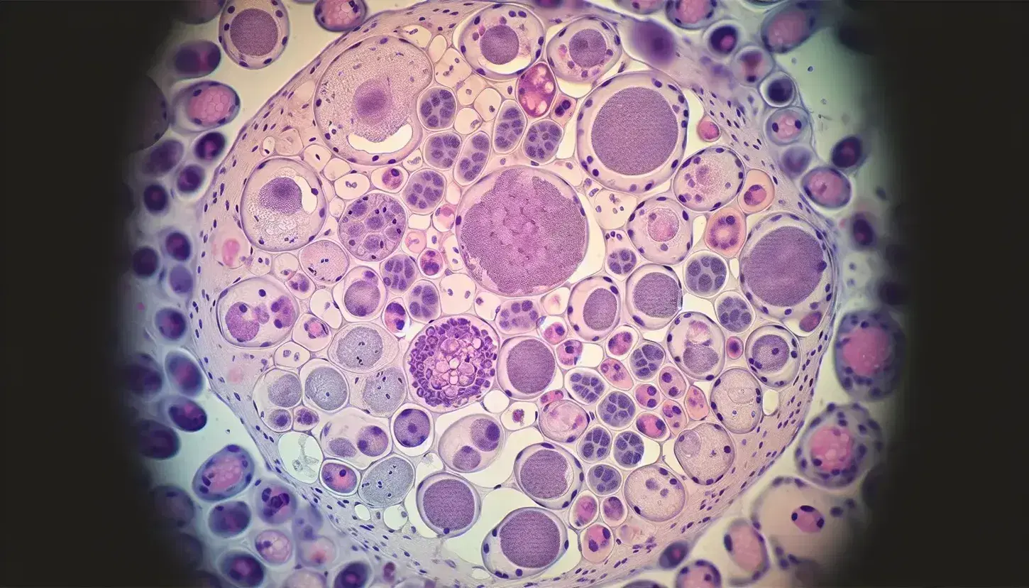 Vista microscópica de tejido humano con células redondeadas y óvalos, núcleos púrpura oscuro y citoplasma claro, sin texto ni símbolos.
