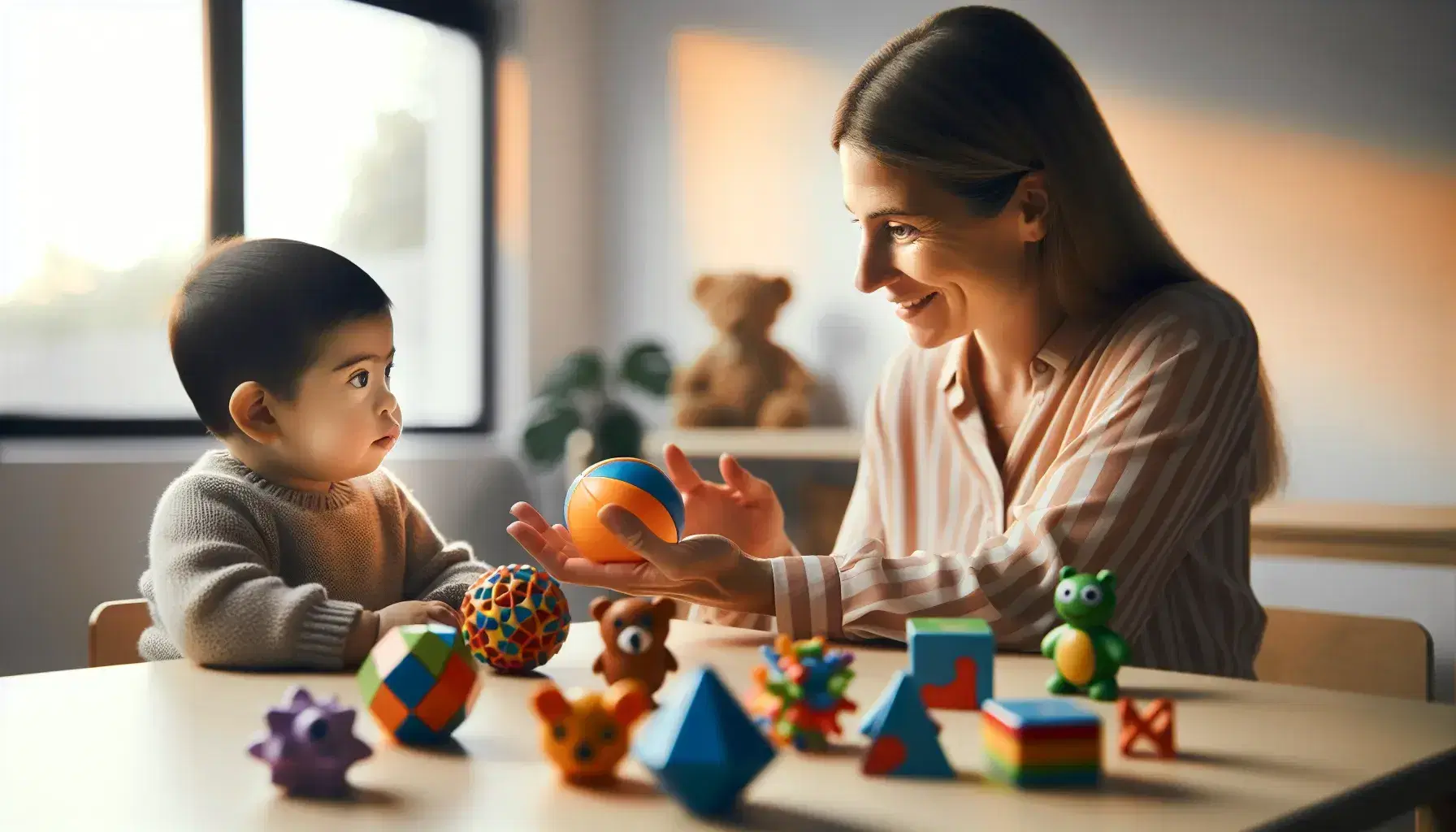 Speech therapist engaging with a Hispanic child with Down syndrome during a language therapy session, using toys and a ball to aid learning.