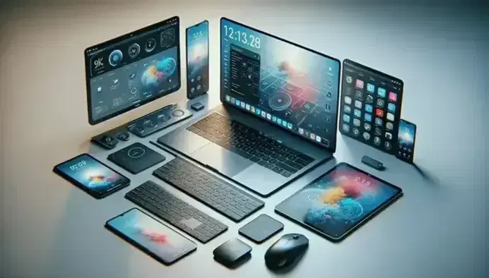 Espacio de trabajo tecnológico con portátil abierto, smartphone, tablet con fondo colorido, teclado inalámbrico y ratón ergonómico sobre superficie clara.