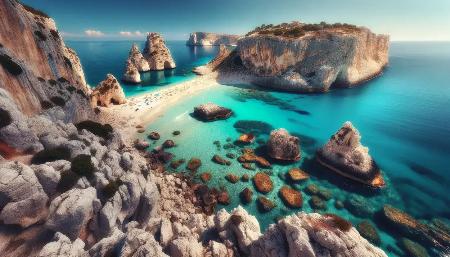 Costa italiana con scogliere calcaree, mare cristallino e spiaggia sabbiosa non attrezzata, cielo sereno e vegetazione resistente.