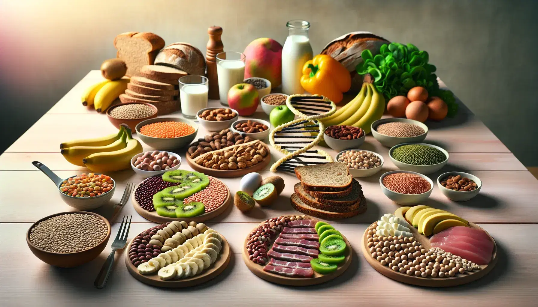 Alimenti salutari su piano di lavoro: spirale DNA con frutta, mix di noci e semi, legumi vari, pane integrale, latte, carni magre, pesce e verdure a foglia.
