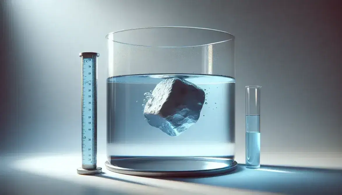Experimento de flotabilidad con objeto sumergido en recipiente transparente y cilindro graduado con líquido azul en laboratorio.