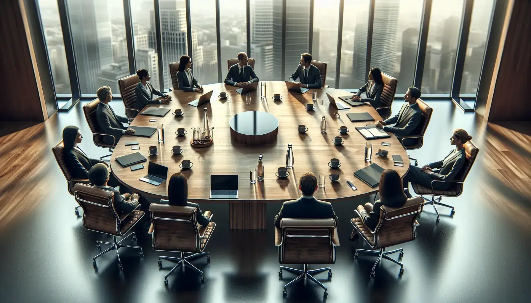Diverse professionals in a corporate meeting room with a polished oval table, laptops, smartphones, and a cityscape view through a large window.