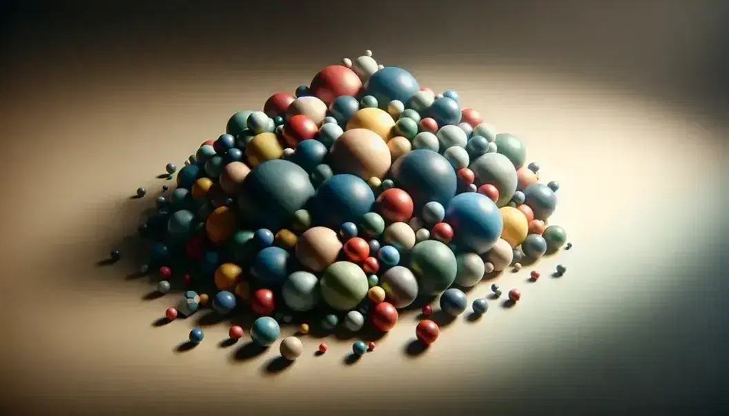 Conjunto de esferas de colores variados y tamaños dispuestas sobre superficie lisa, con un grupo central en patrón y esferas dispersas alrededor.