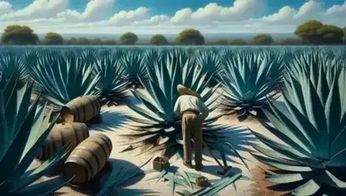 Campo de agave tequilana bajo cielo azul con nubes, trabajador usando coa para cosechar y barriles de madera apilados, reflejando la producción de tequila.