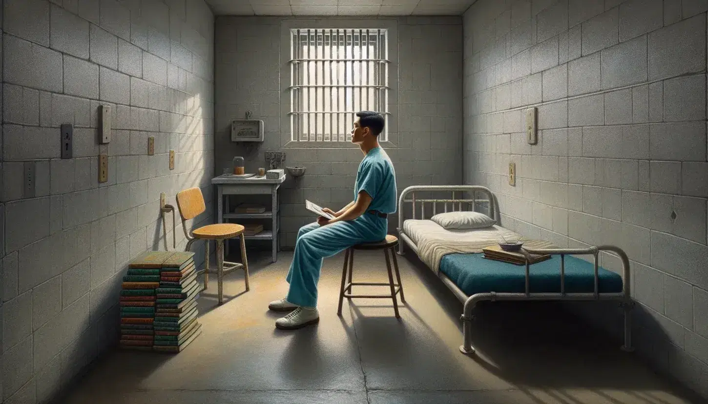 Spartan prison cell with metal bed and blue mattress, stool with books and barred window. Healthcare professional and prisoner engaged in dialogue.