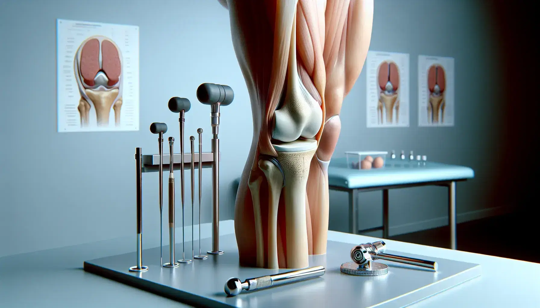 Rodilla humana derecha semi-flexionada con patella visible, rodeada de martillo de reflejos y goniómetro en un entorno clínico aséptico.