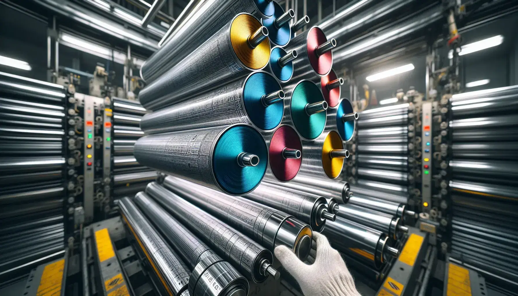 Rulli da stampa flessografica colorati appesi su supporto metallico con mano guantata di operatore in primo piano e macchina da stampa sfocata sullo sfondo.