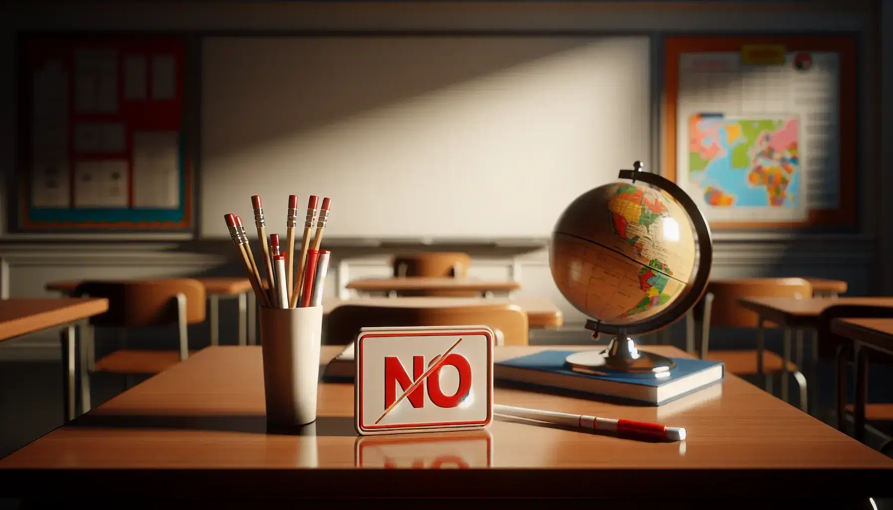 Classroom scene with teacher's desk featuring a red "No" sign, whiteboard markers, eraser, globe, and blank textbook, with two empty student desks in the foreground.