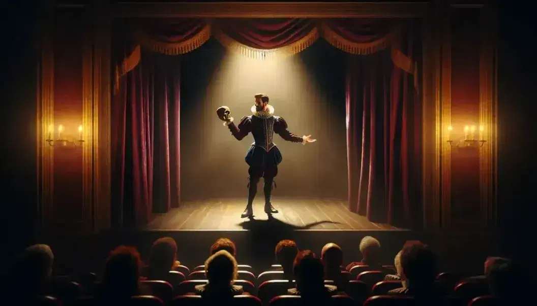 Actor in Elizabethan costume with skull in hand on theater stage with red curtains and audience in shadow.