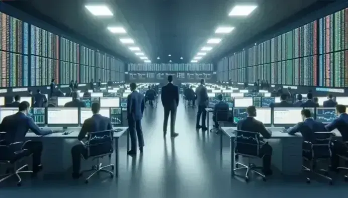 Sala de operaciones bursátiles con personas en trajes oscuros frente a pantallas de computadora, trabajando intensamente en un ambiente profesional y sin ventanas.