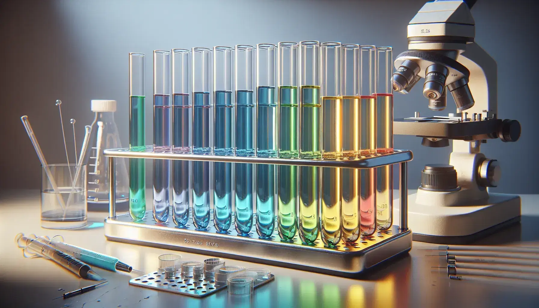 Tubos de ensayo con líquidos de colores variados en soporte metálico junto a microscopio plateado listo para uso en laboratorio iluminado.