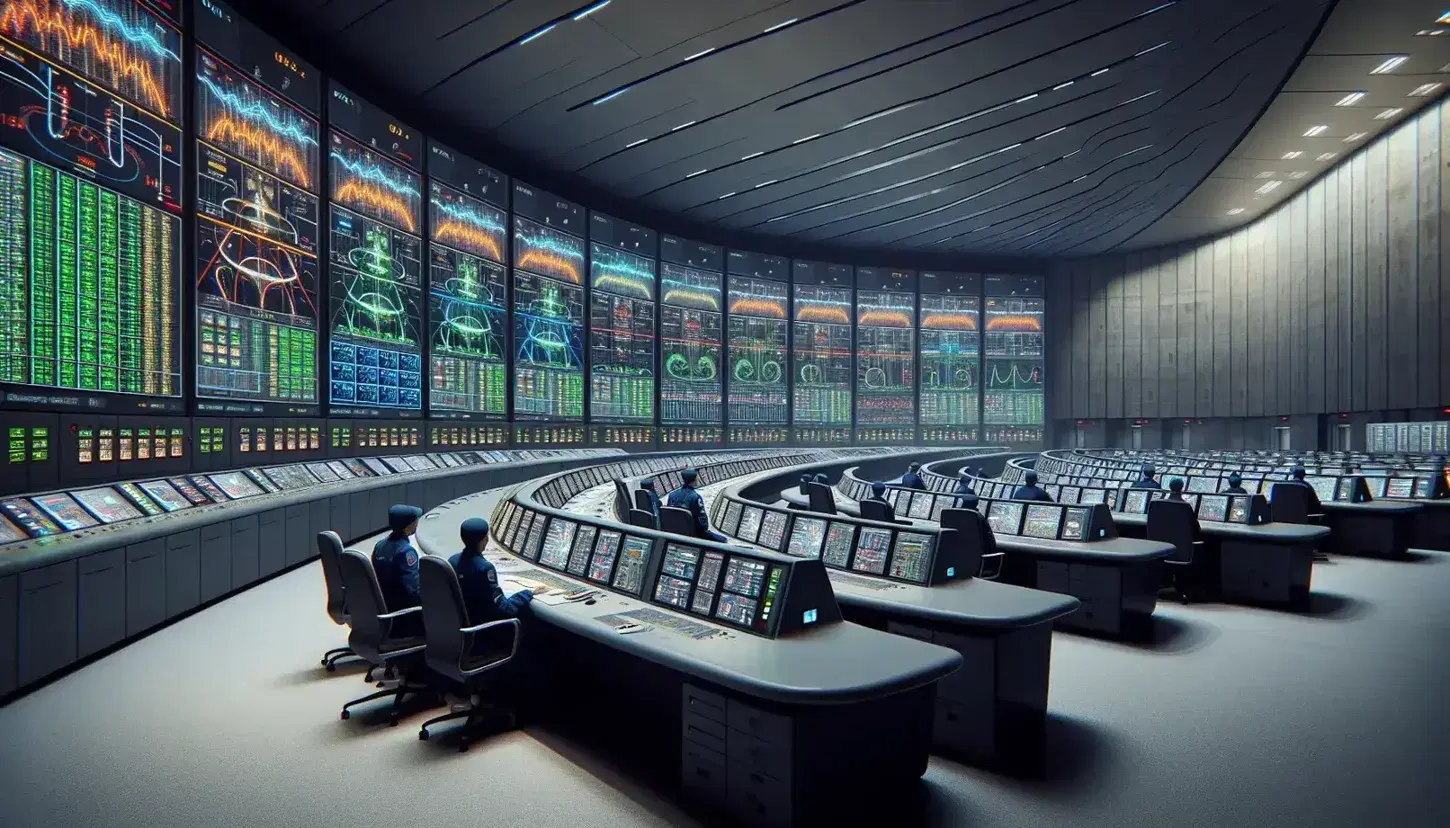 Sala di controllo di una centrale nucleare con pannelli curvi, schermi con grafici e operatori in uniforme blu al lavoro.