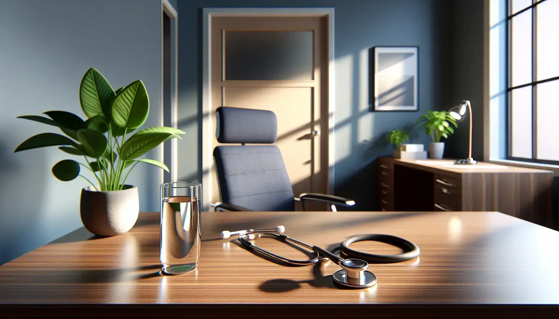 Serene medical office with wooden desk and stethoscope, glass of water, blue chair, green plant and door with frosted glass.