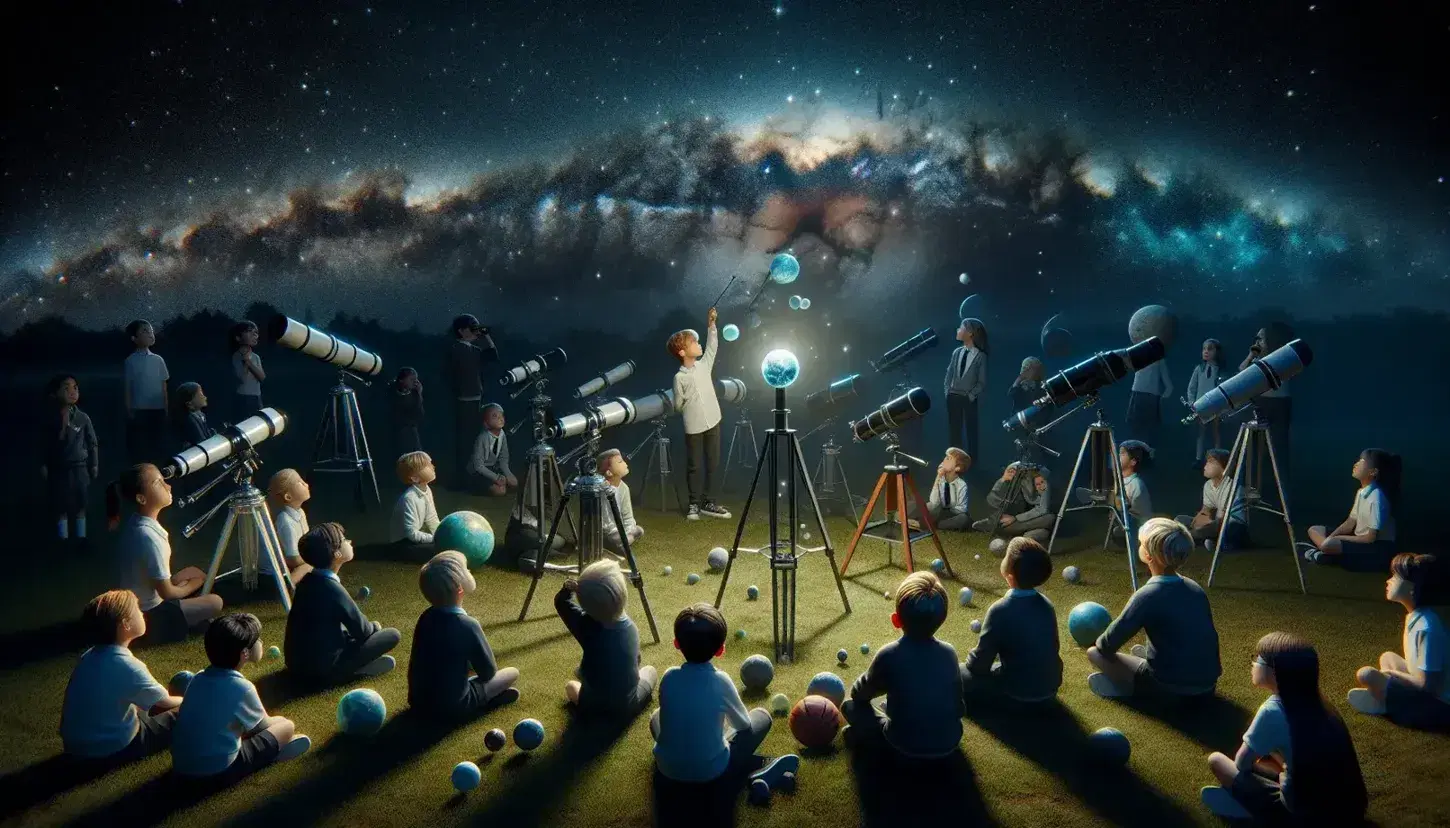 Bambini osservano le stelle con telescopi su prato notturno, cielo stellato e Via Lattea visibili, uno tiene un modello del sistema solare.
