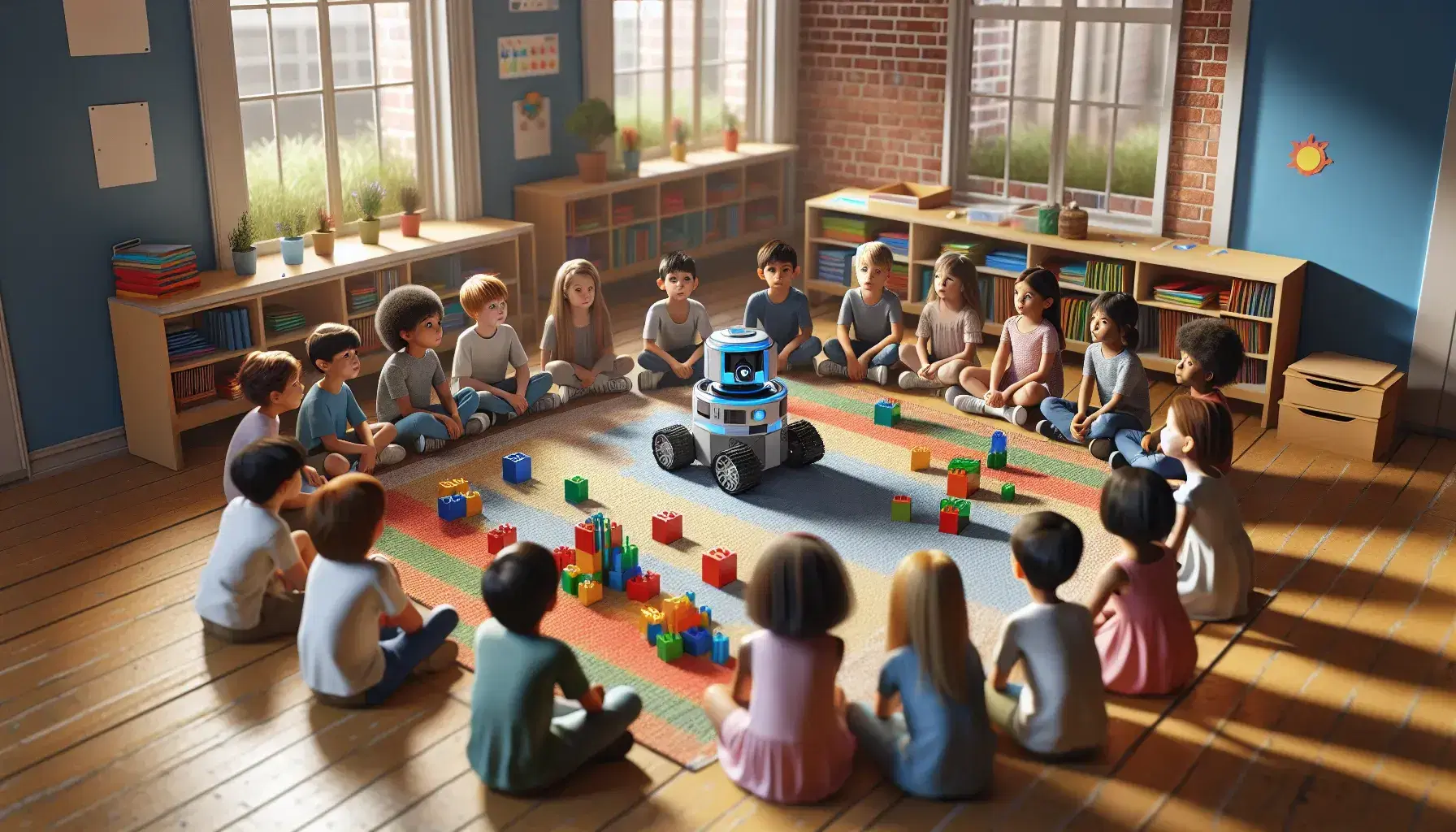Bambini di diverse etnie seduti in cerchio osservano un robot didattico circondato da blocchi colorati in una luminosa aula scolastica.