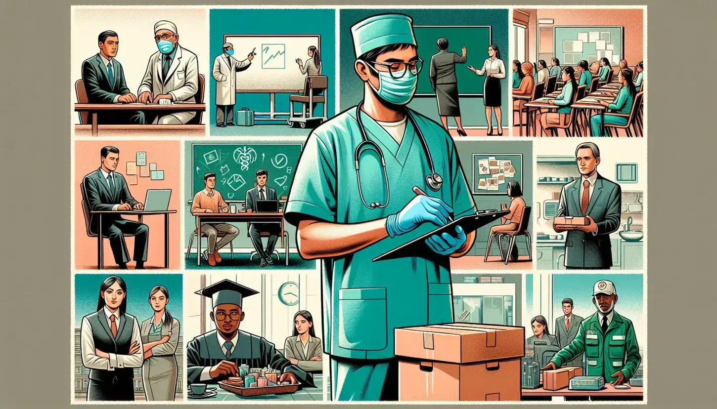Collage con escenas de servicios: médico con estetoscopio, aula con docente, camarero con bandeja, oficina con trabajadores, repartidor entregando paquete y conductora de transporte.