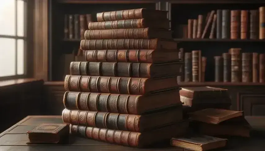 Pila de libros antiguos con tapas de cuero desgastadas sobre mesa de madera oscura, con estante borroso al fondo y luz cálida resaltando texturas y relieves.